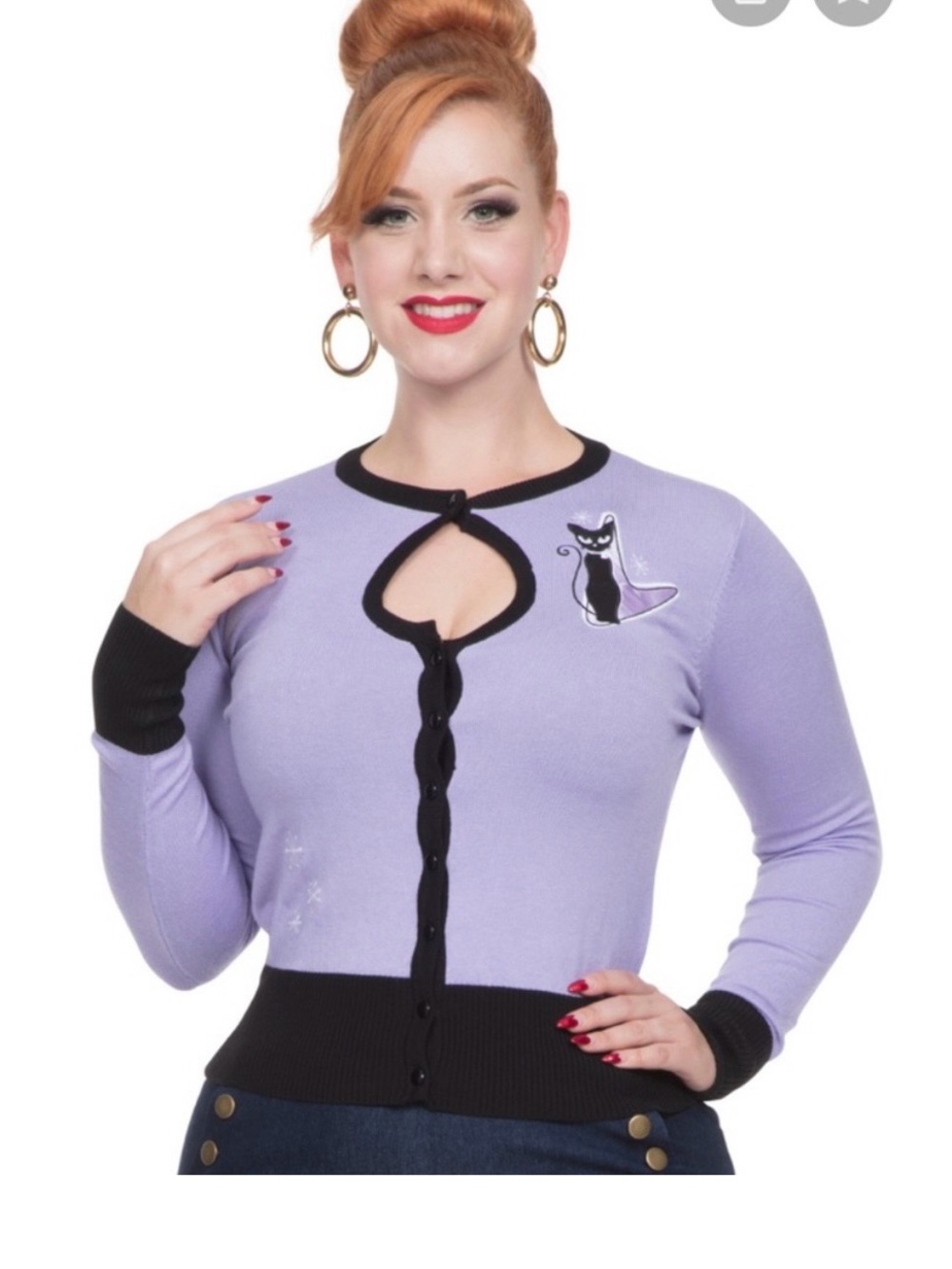 Voodoo Vixen Lavender Cardigan with Black Trim & Cat Appliqué